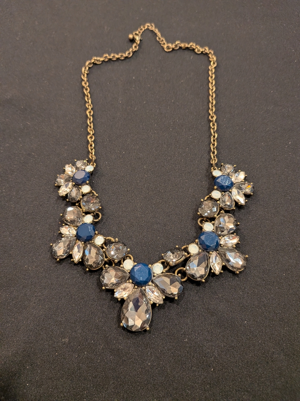 Gold-Tone Statement Necklace 10" with Blue and Clear Stones Vintage